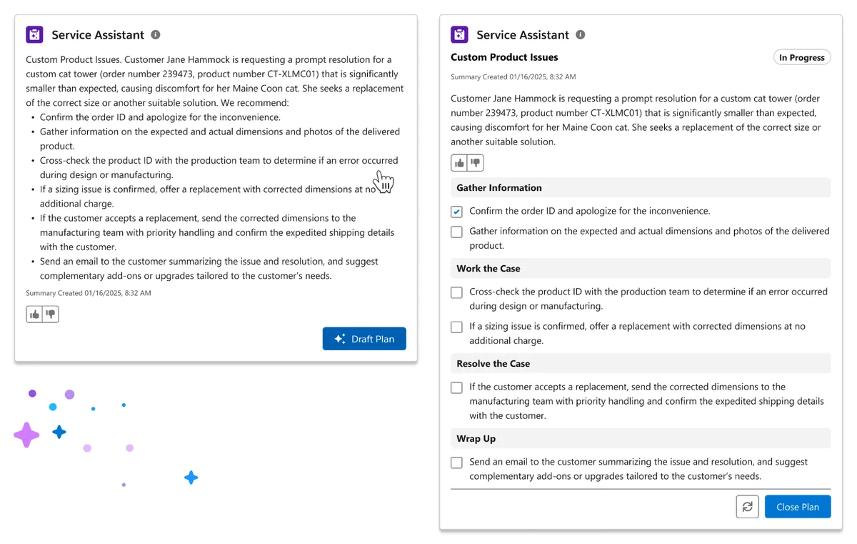 Service Assistant plan panel showing salesforce agent assist guidance for a support rep