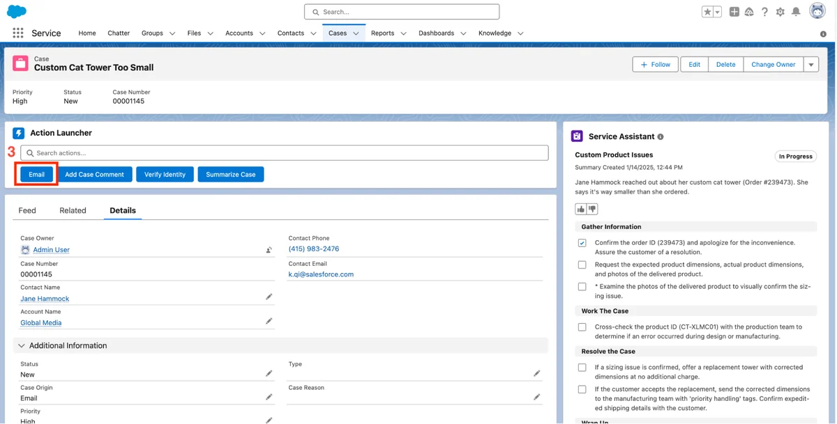 Salesforce case workspace with generated Service Assistant steps for agent review