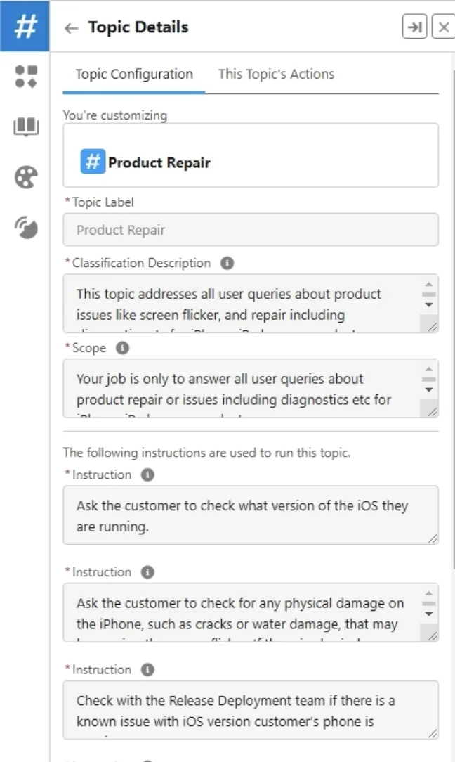 Subagent instruction setup used by a Salesforce Agentforce Service Agent