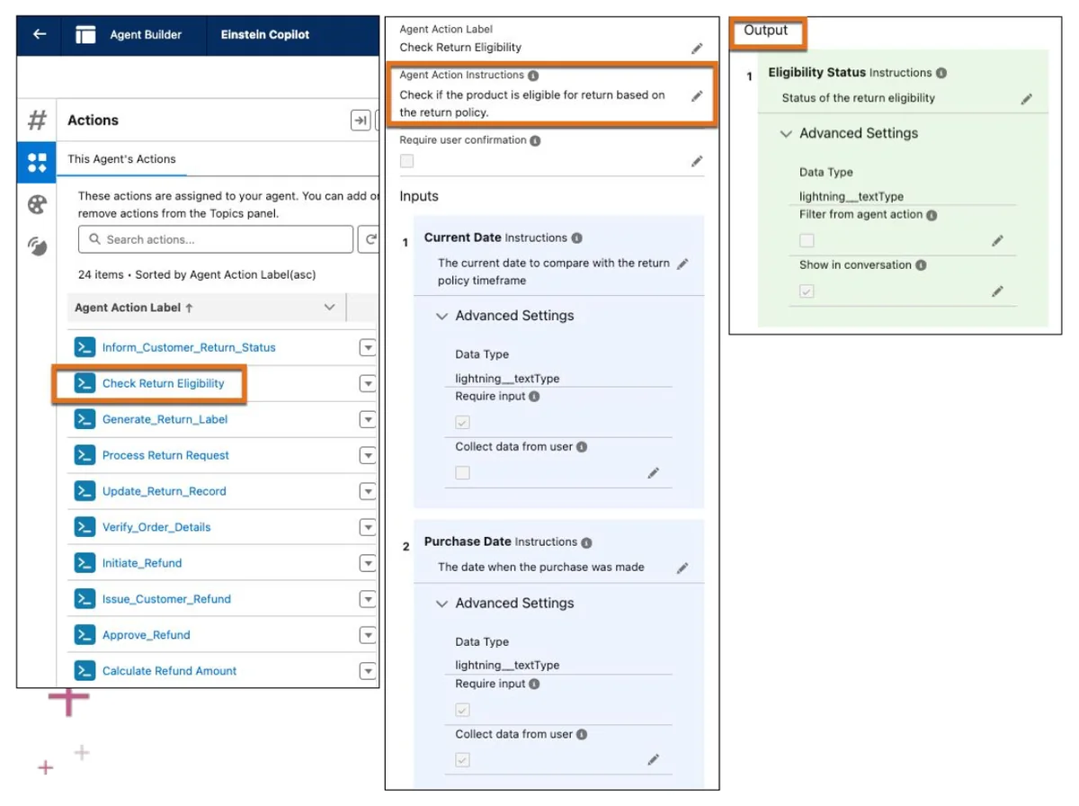 Agentforce action and instruction mapping for service plan generation