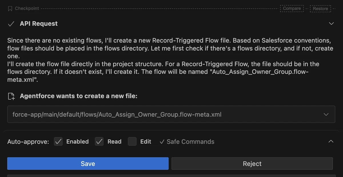 Salesforce vibe coding approval controls for reviewing edits before project files are changed