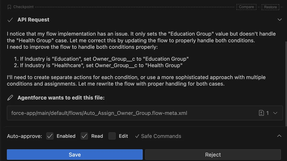 Agentforce Vibes reviewing incomplete Salesforce requirements before proposing another project edit