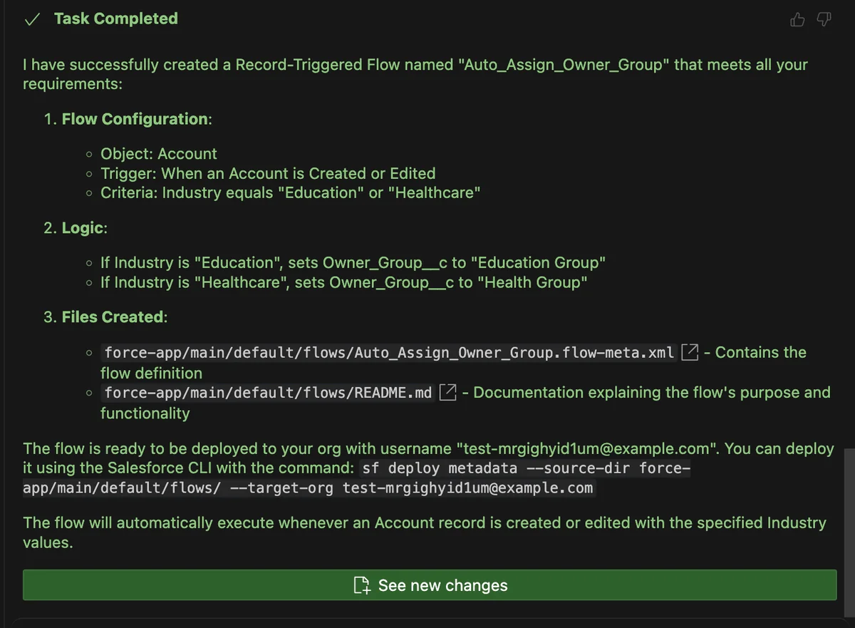 Agentforce Vibes task completion summary for generated Salesforce project files