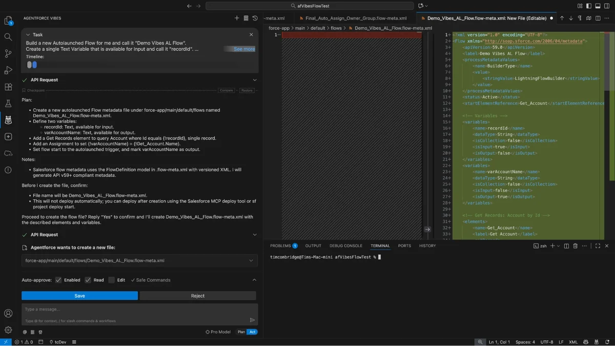 Agentforce Vibes generating Salesforce Flow metadata for review before validation deployment