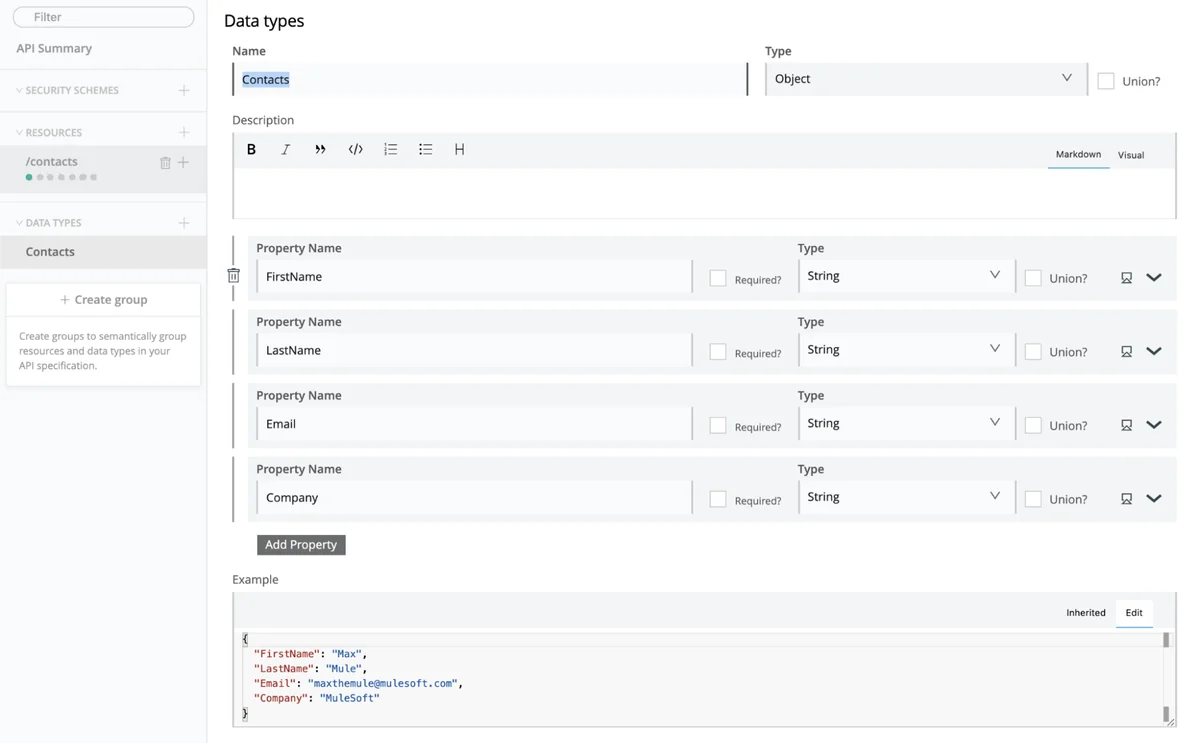 Anypoint API Designer visual editor displaying resources methods and API specification details