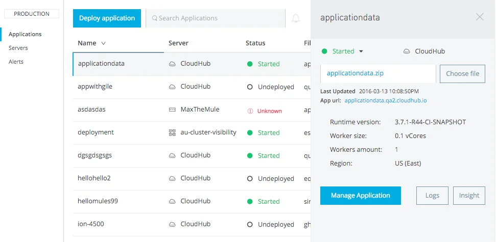 Anypoint Runtime Manager application deployment and environment management interface