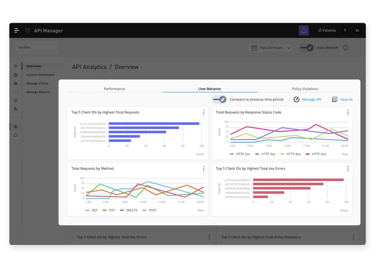 MuleSoft API analytics dashboard with request performance and usage measurements