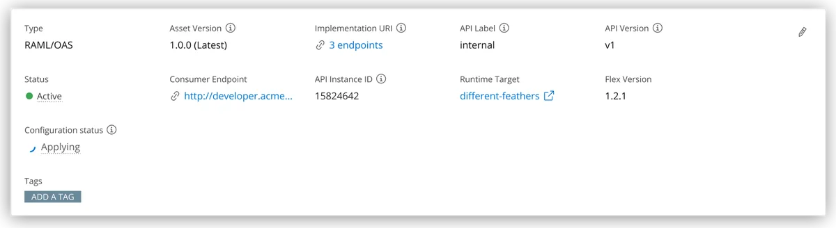 Anypoint API Manager summary showing managed API instance status traffic and policy controls