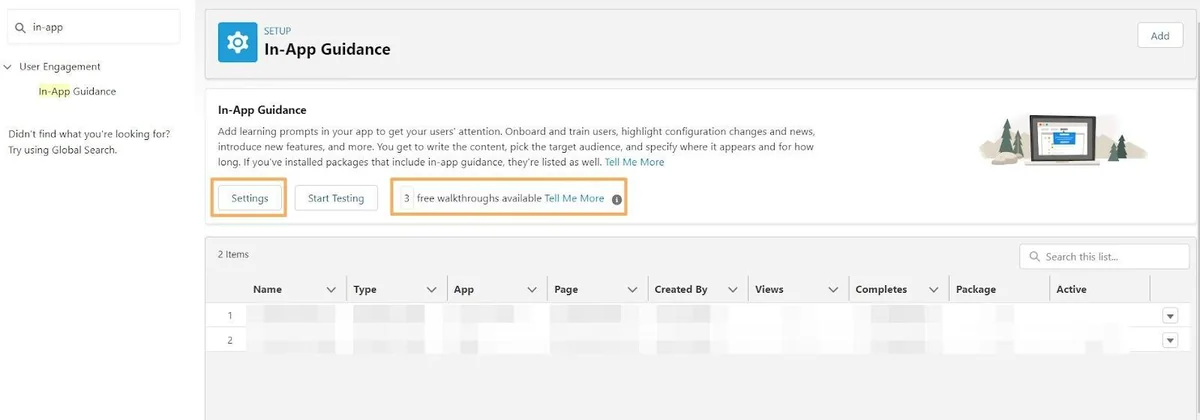 App in Salesforce Setup page for creating and managing In-App Guidance