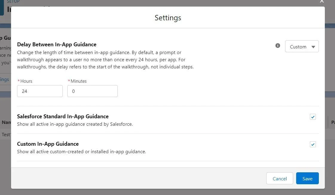 Salesforce In-App Guidance settings for audience scheduling and display behavior