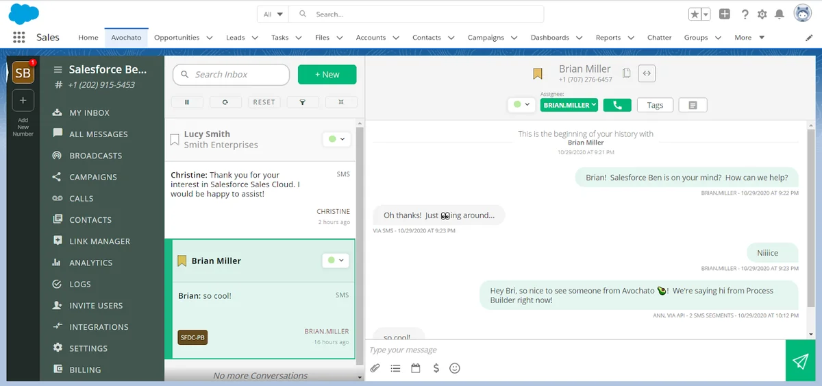 Avochato Salesforce Lightning tab showing the messaging workspace