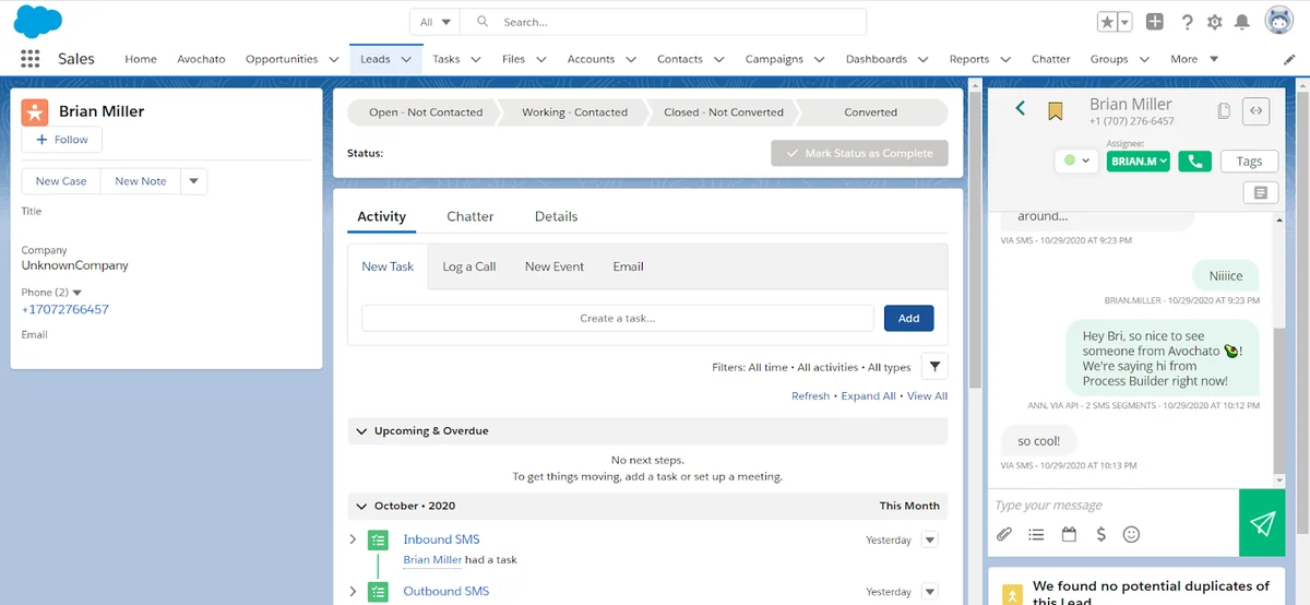 Avochato component embedded on a Salesforce Lightning record page