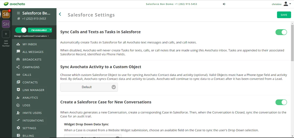 Avochato inbox account settings for Salesforce team messaging