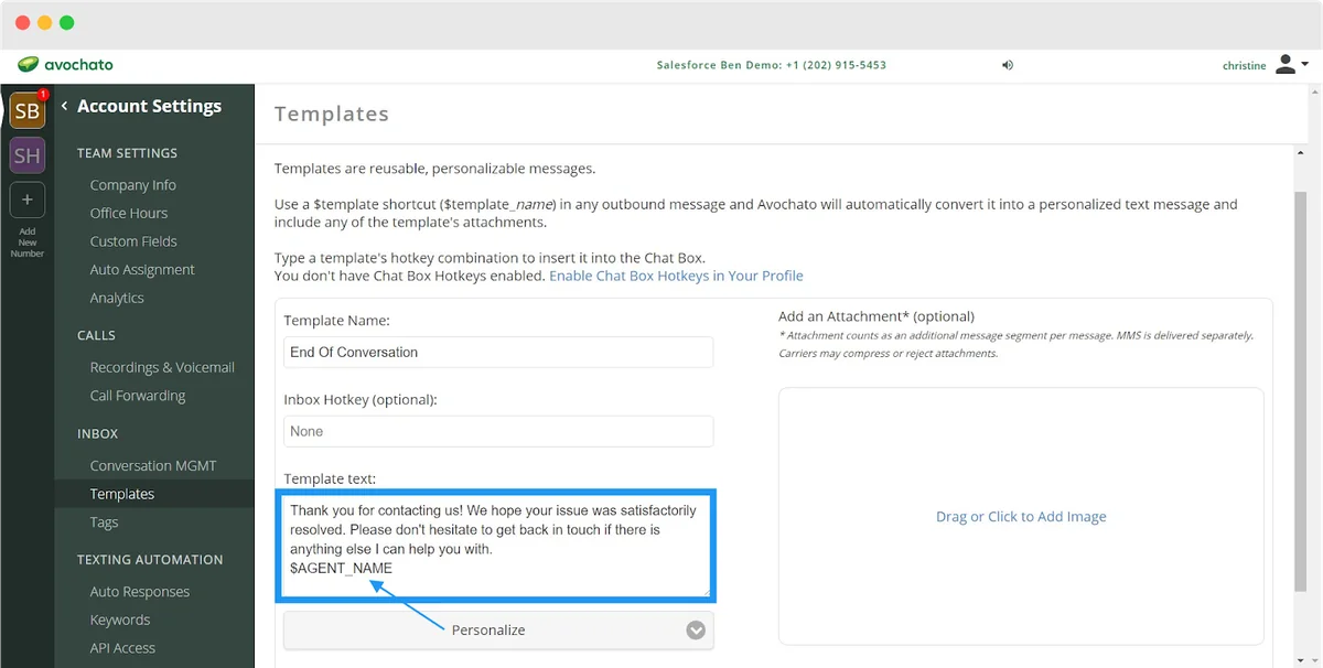 Avochato message template editor using Salesforce customer information