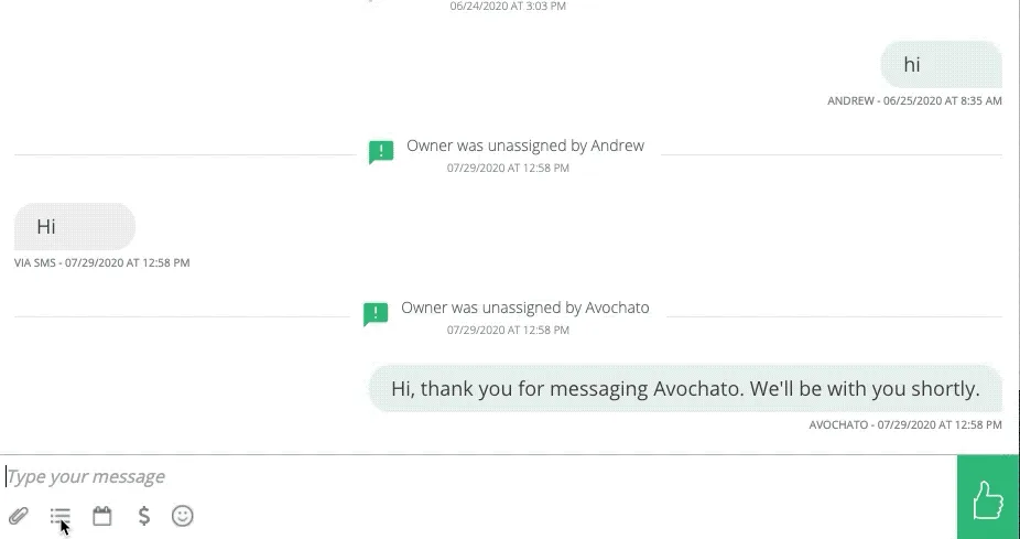 Selecting an Avochato messaging template from a Salesforce conversation