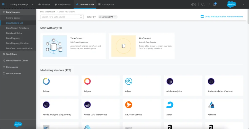 datorama workspace showing Marketing Cloud Intelligence data connection options