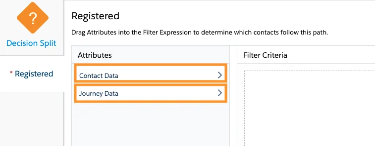Decision split paths configured on a Salesforce Marketing Cloud Engagement journey