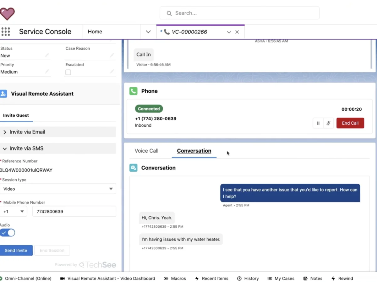 Salesforce Messaging session shown in the Service Cloud console for a Digital Engagement agent