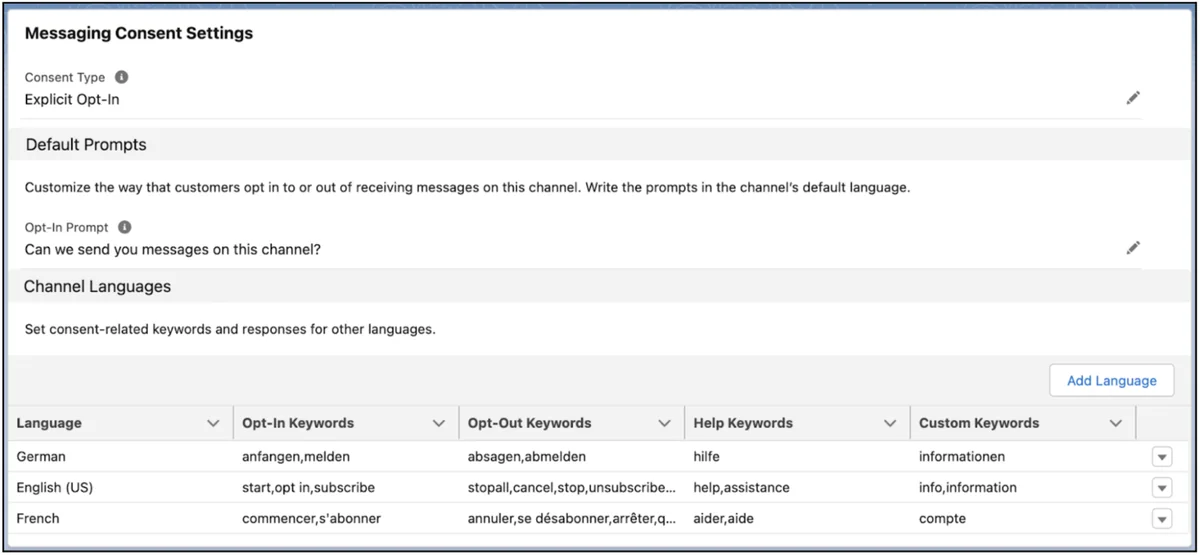 Salesforce Messaging opt-in prompts and consent keywords for a digital engagement channel