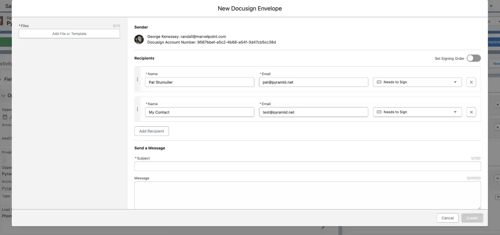 Docusign envelope setup screen with Salesforce recipient and document options