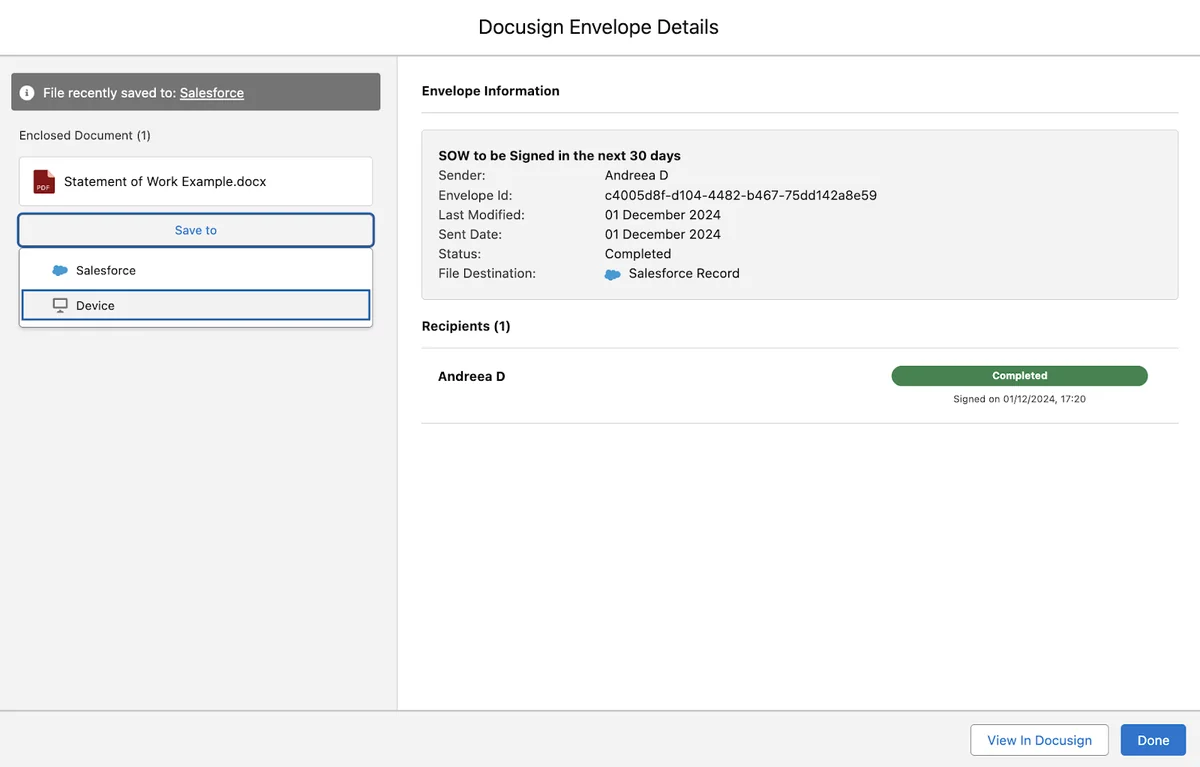 Recipient status details for a completed Docusign integration Salesforce envelope
