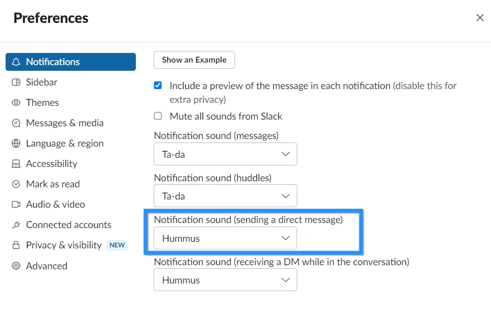 Slack hummus sound selected for direct message notifications