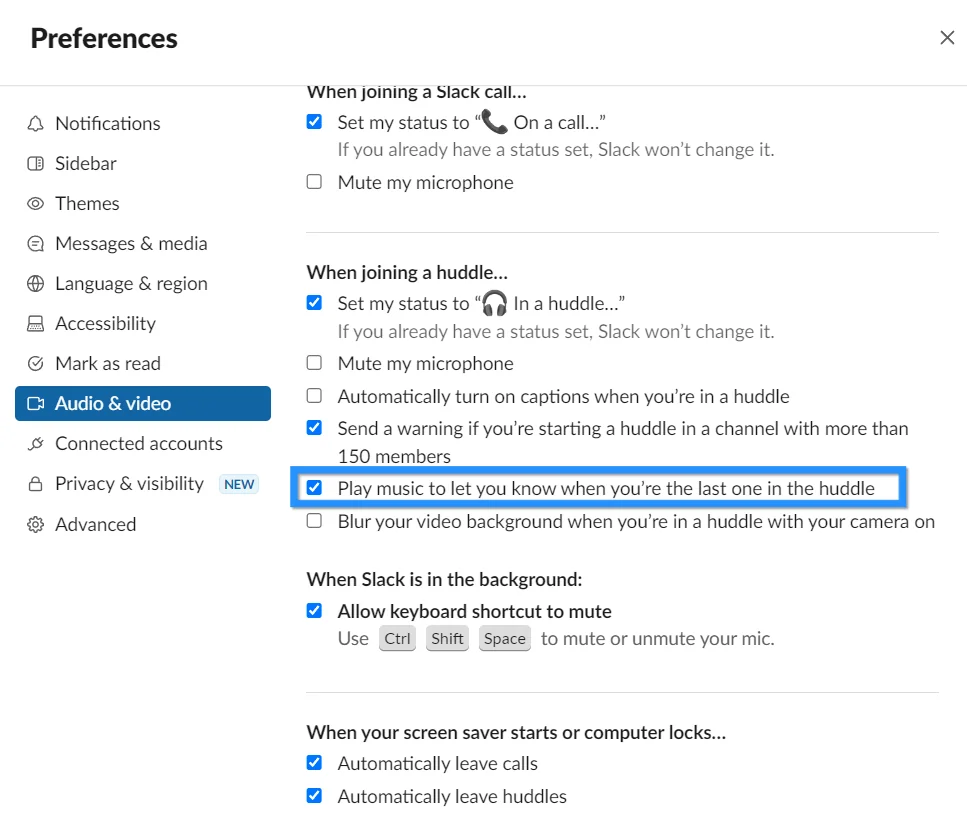 Slack huddle preference for playing music when the last participant remains