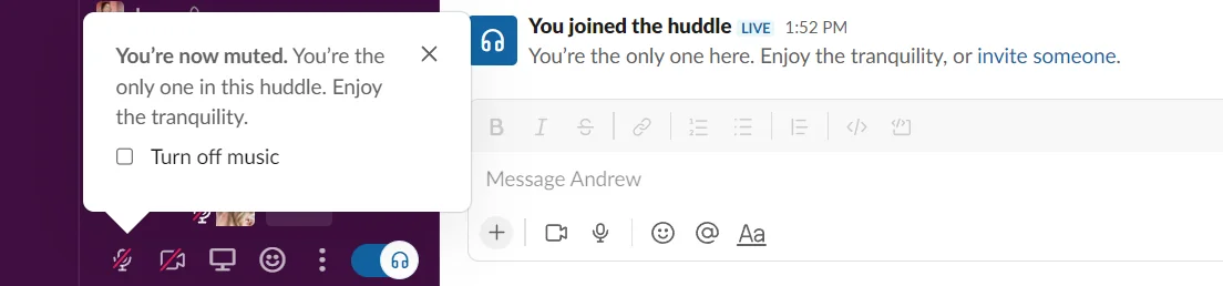Slack huddle music message shown to the final participant