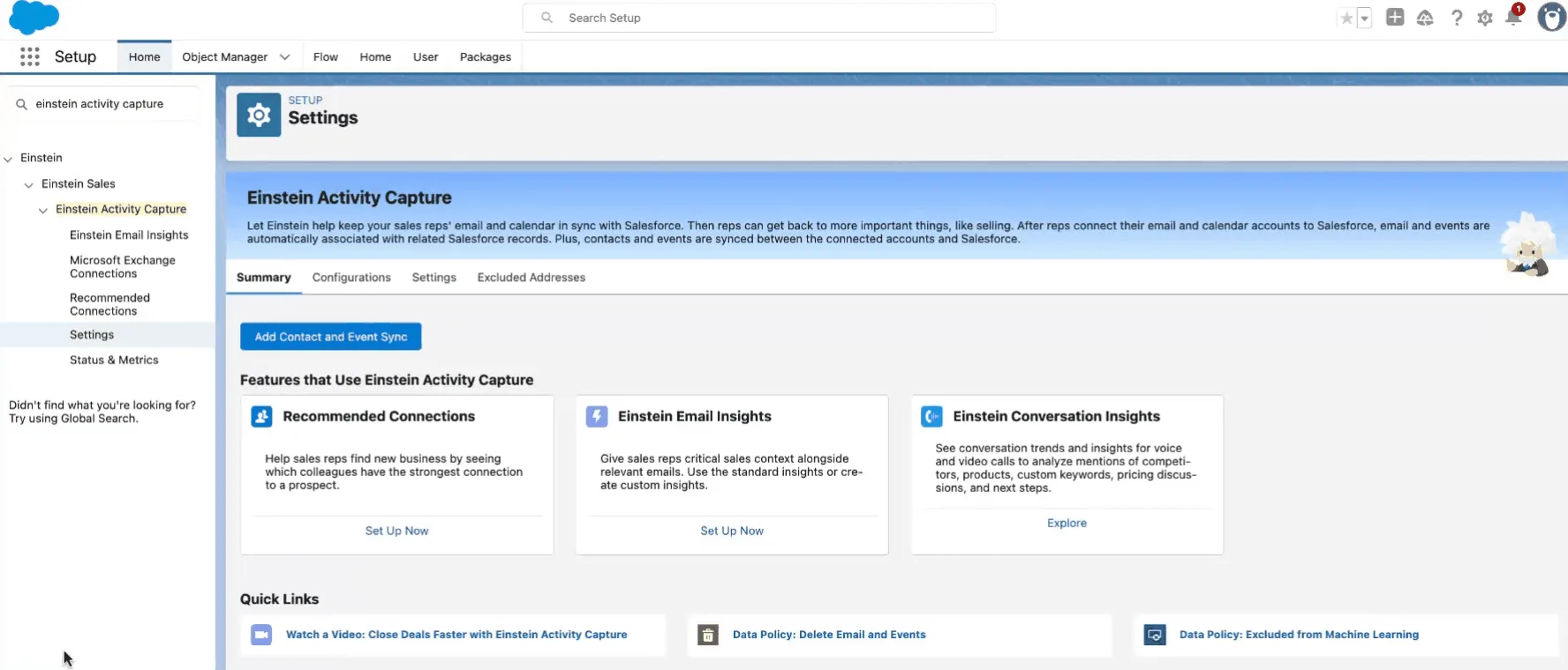 Einstein Activity Capture setup configuration screen for Microsoft and Google email sync