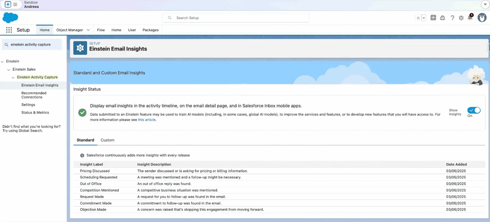 Einstein Email Insights setup page for standard and custom email signals