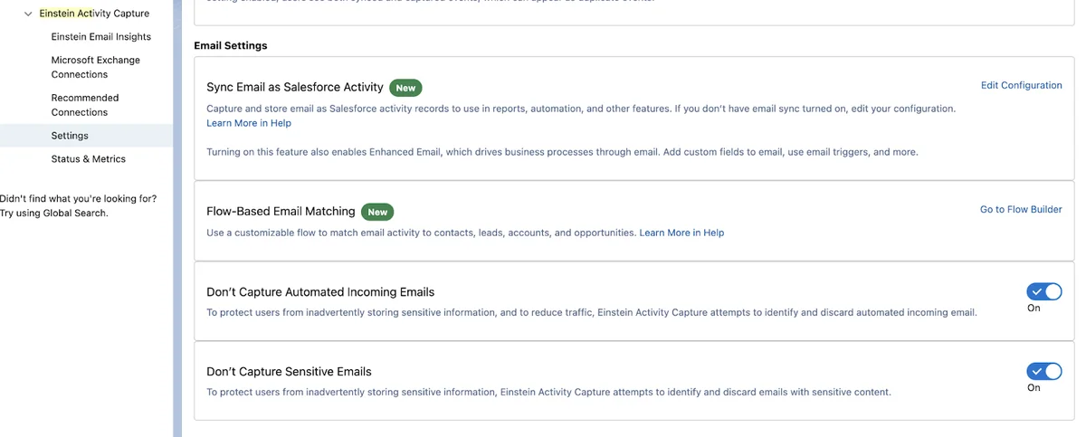 Configuration options to sync email as Salesforce activity for admins