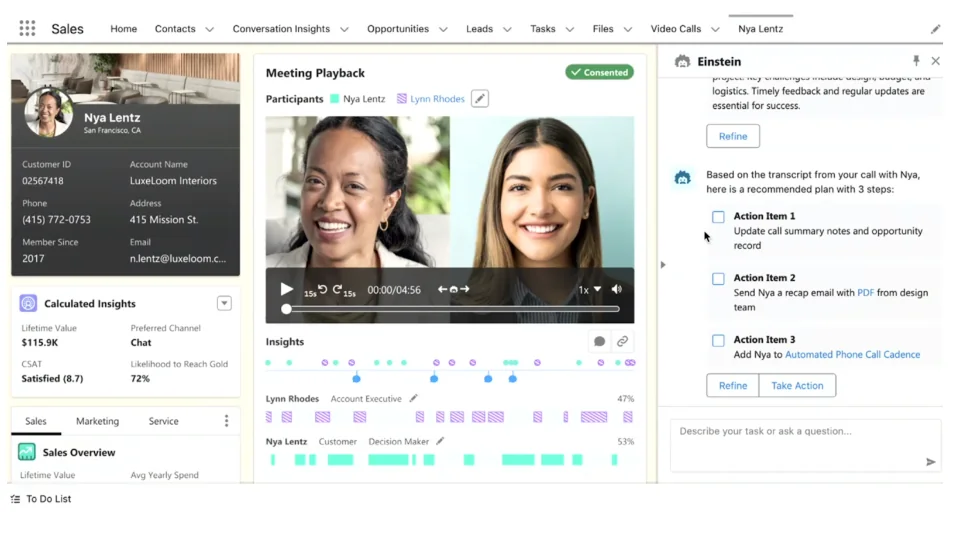Einstein Copilot interface showing conversational AI assistant in Salesforce sidebar