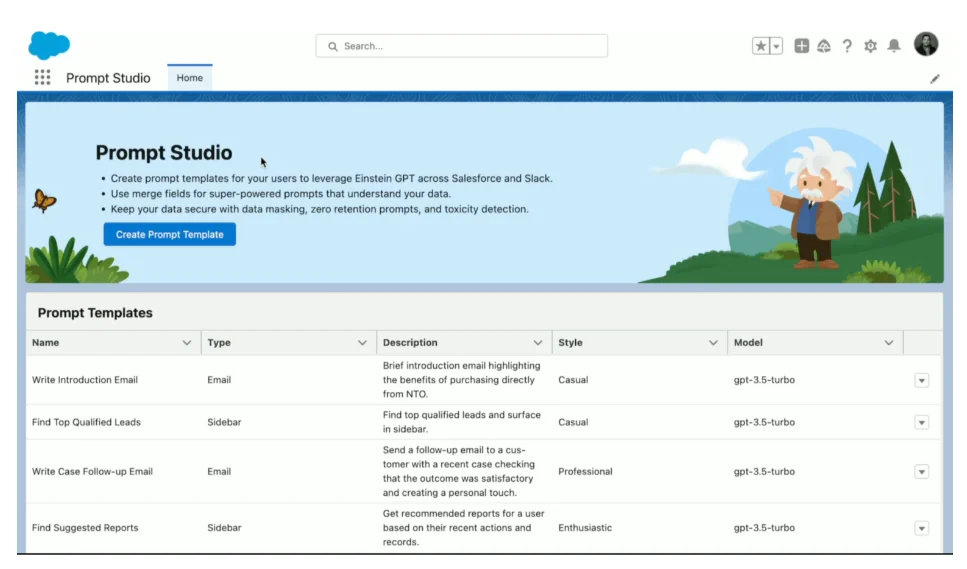 Prompt Builder interface showing template creation for Einstein knowledge creation workflows