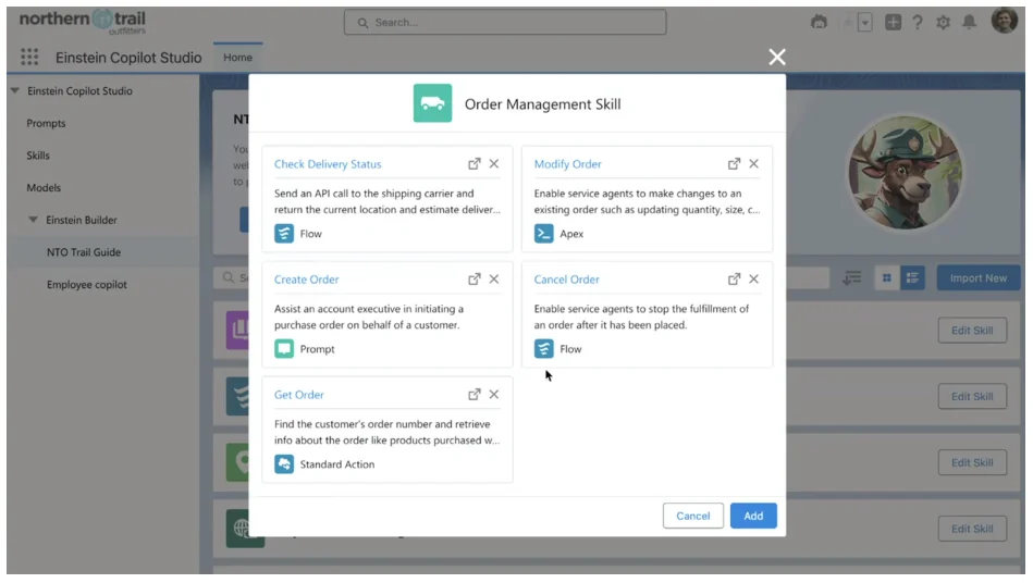 Skills Builder interface showing drag-and-drop AI skill configuration for sales Einstein workflows