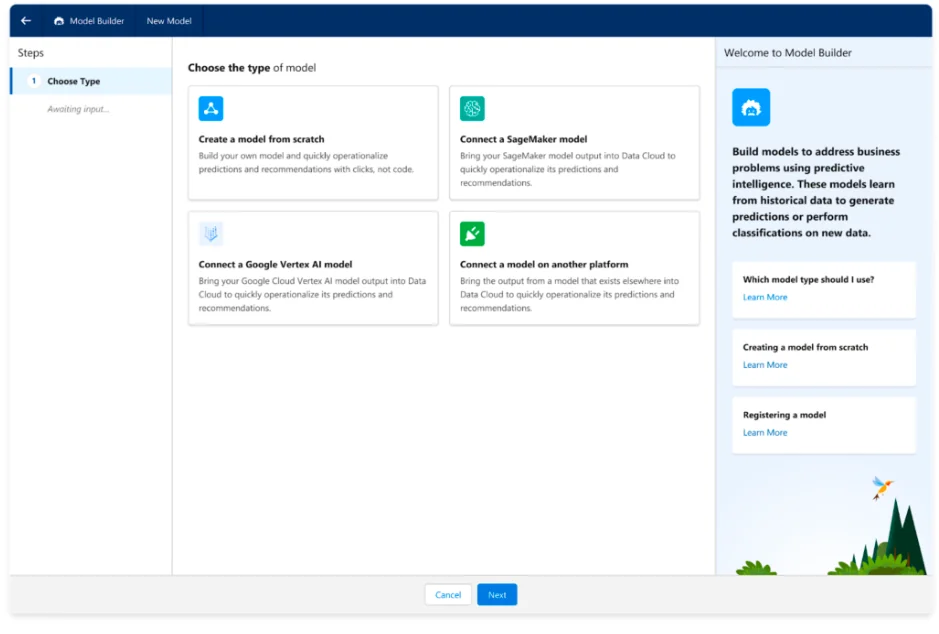 Einstein Model Builder showing external AI model integration options and configuration settings