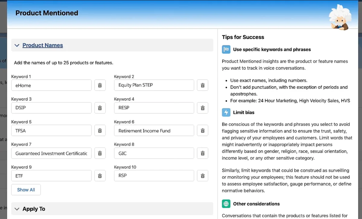 Call insight categories for product competitor pricing and objection tracking in Salesforce