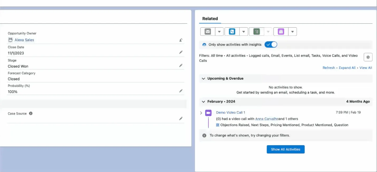 Salesforce Activity Timeline showing conversation insights and transcript context on a related record