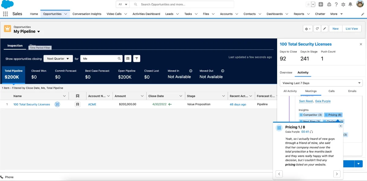 Pipeline Inspection panel with Salesforce conversation insights for opportunity review