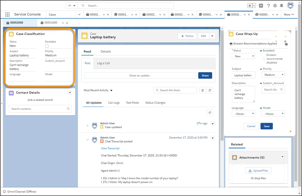 Service Cloud Einstein case classification recommendations in the Lightning Service Console