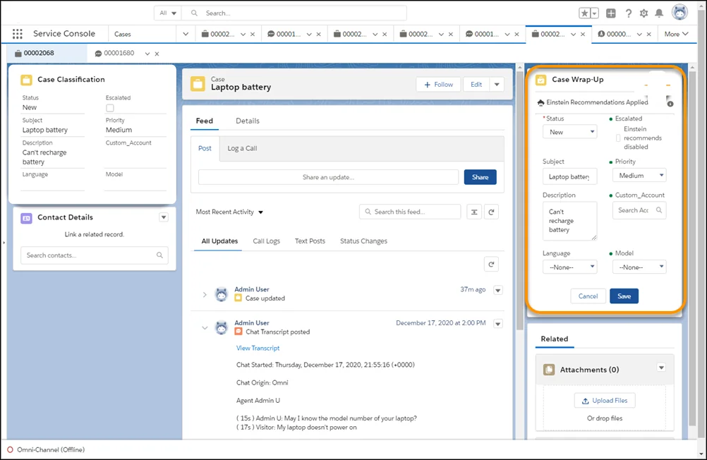 Einstein Case Wrap-Up field suggestions for a completed Salesforce service interaction
