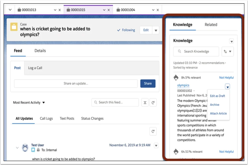 Einstein for Service article recommendations displayed on a Salesforce case