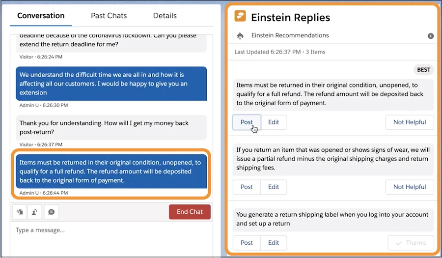 Einstein Reply Recommendations suggestions in the Salesforce service console