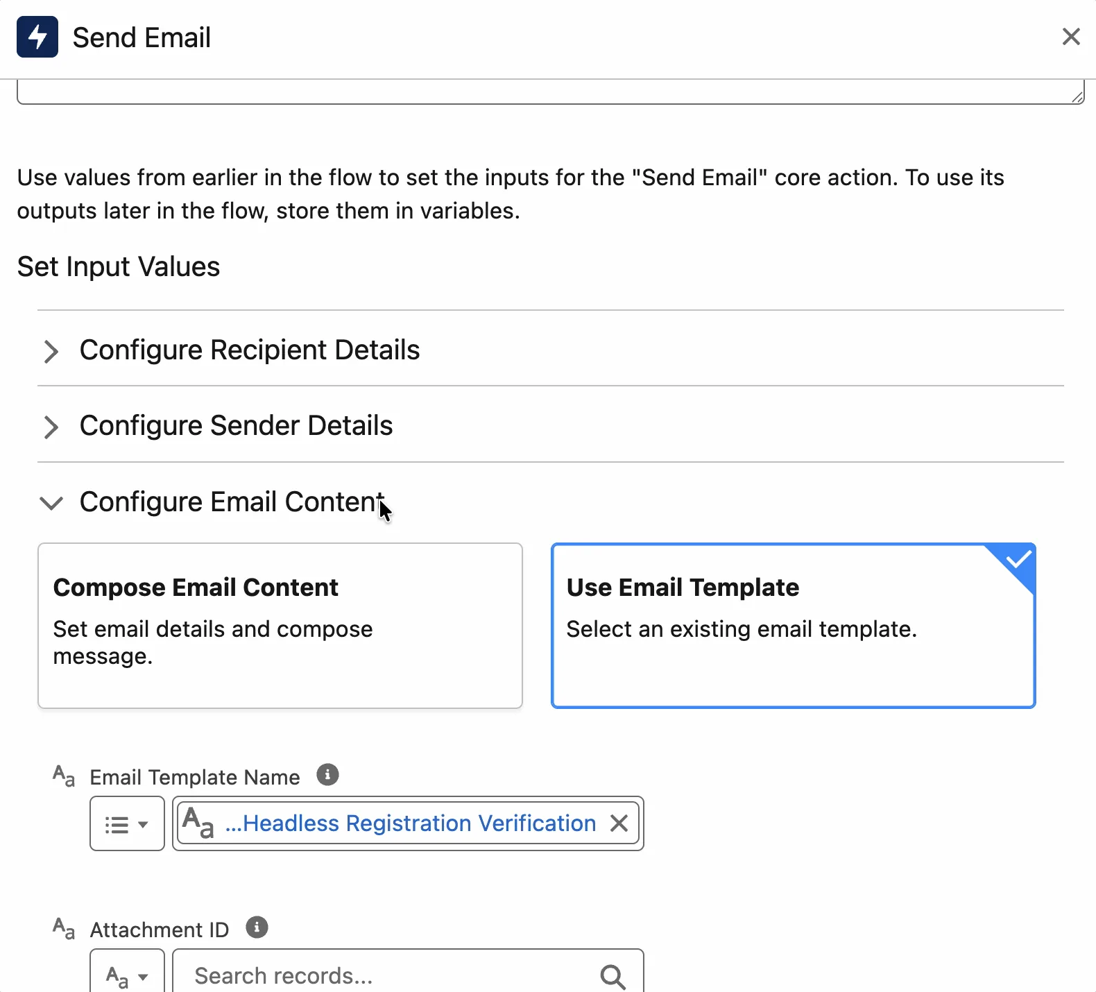 Salesforce Flow Send Email action version for stable email template deployment