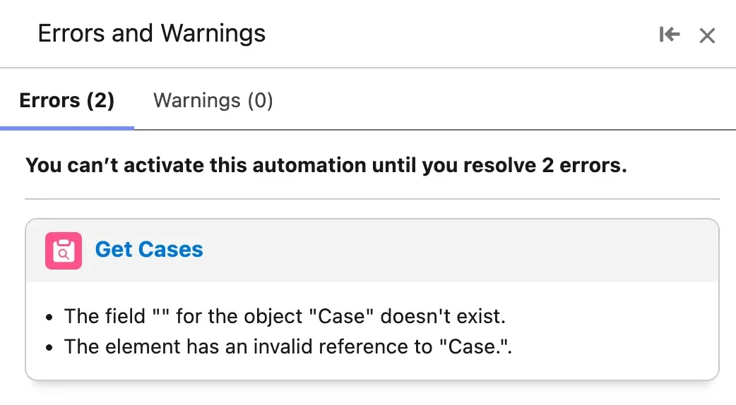 Salesforce Flow validation panel with errors and warnings grouped for review