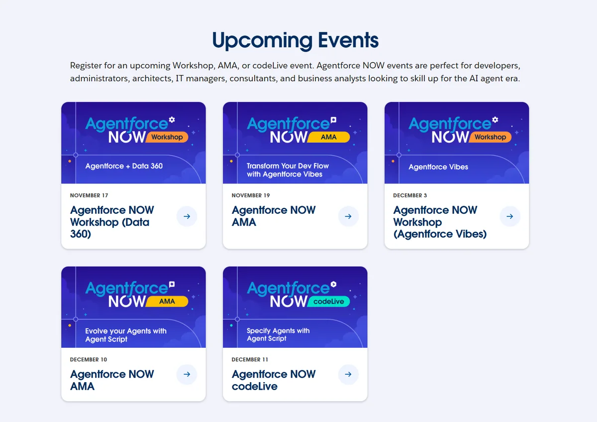 Agentforce workshop schedule and training options for Salesforce teams