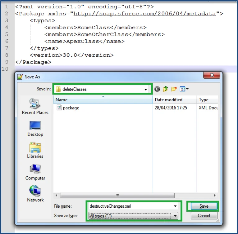 SFDX project structure showing metadata files before force:source:delete execution