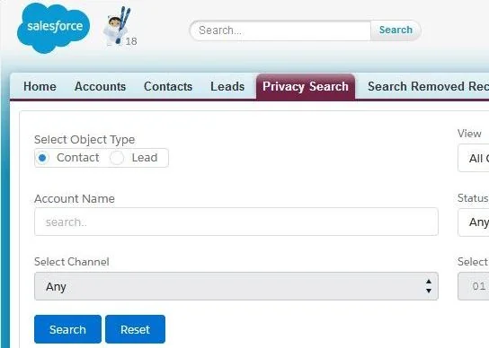 Salesforce privacy preference search criteria for consent status, purpose, and expiry