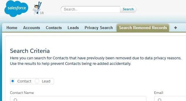 Salesforce GDPR erasure request log with deletion status and audit evidence
