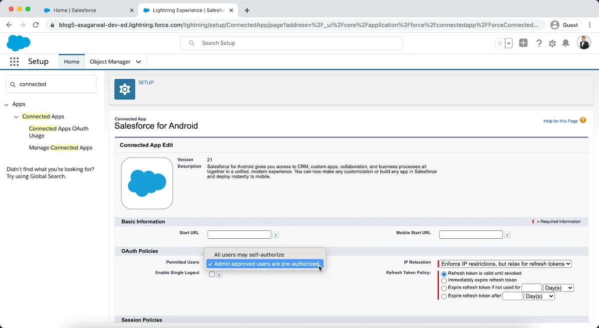 Salesforce profile connected app access settings for iOS and Android users