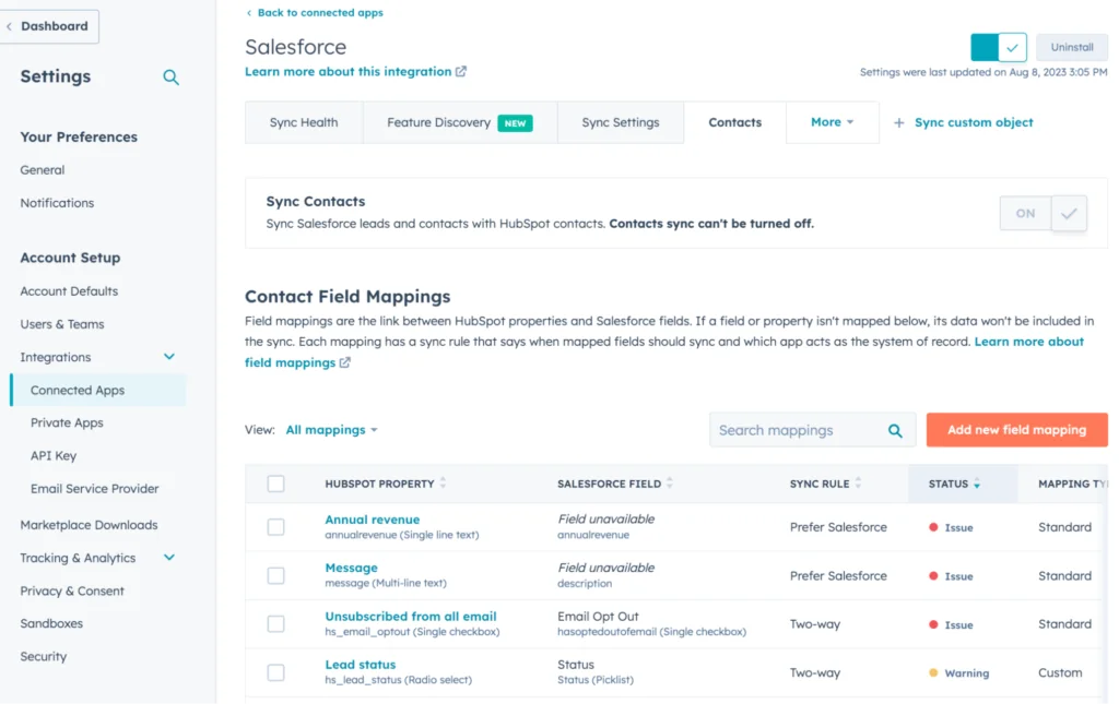 Salesforce integration with HubSpot field mapping configuration screen